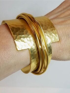 Karine Sultan Paris Cuff 24K Gold Bracelet Wide Statement Art to Wear Pewter